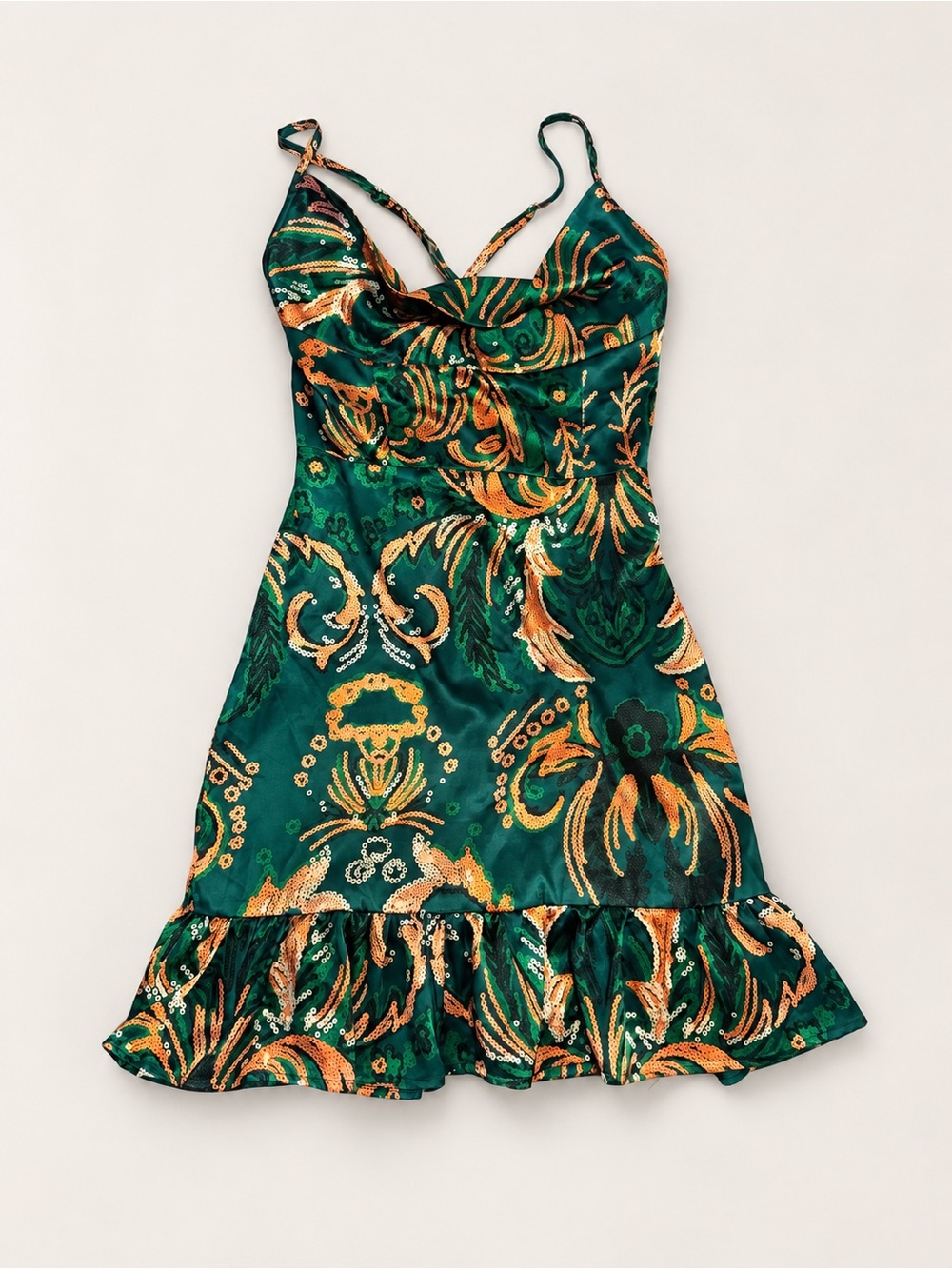 Emerald Green Printed Satin Strappy Dress with Ruffle Hem size Small